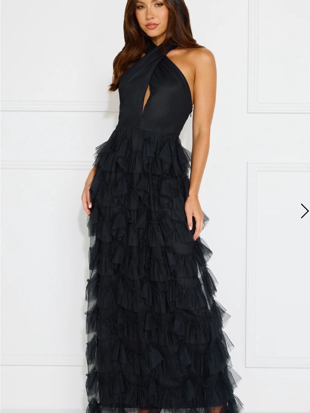 Hello Molly Black Tie-Neck Ruffle Tulle Gown